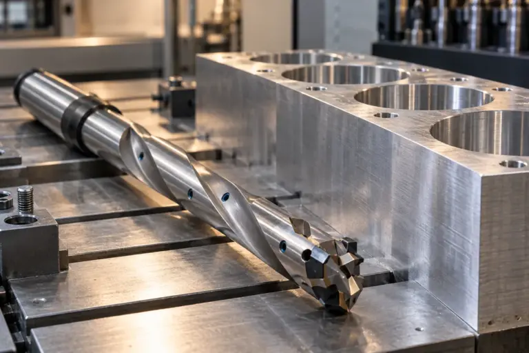 Langes Bohrwerkzeug neben einem Aluminiumbauteil mit tiefen Bohrungen